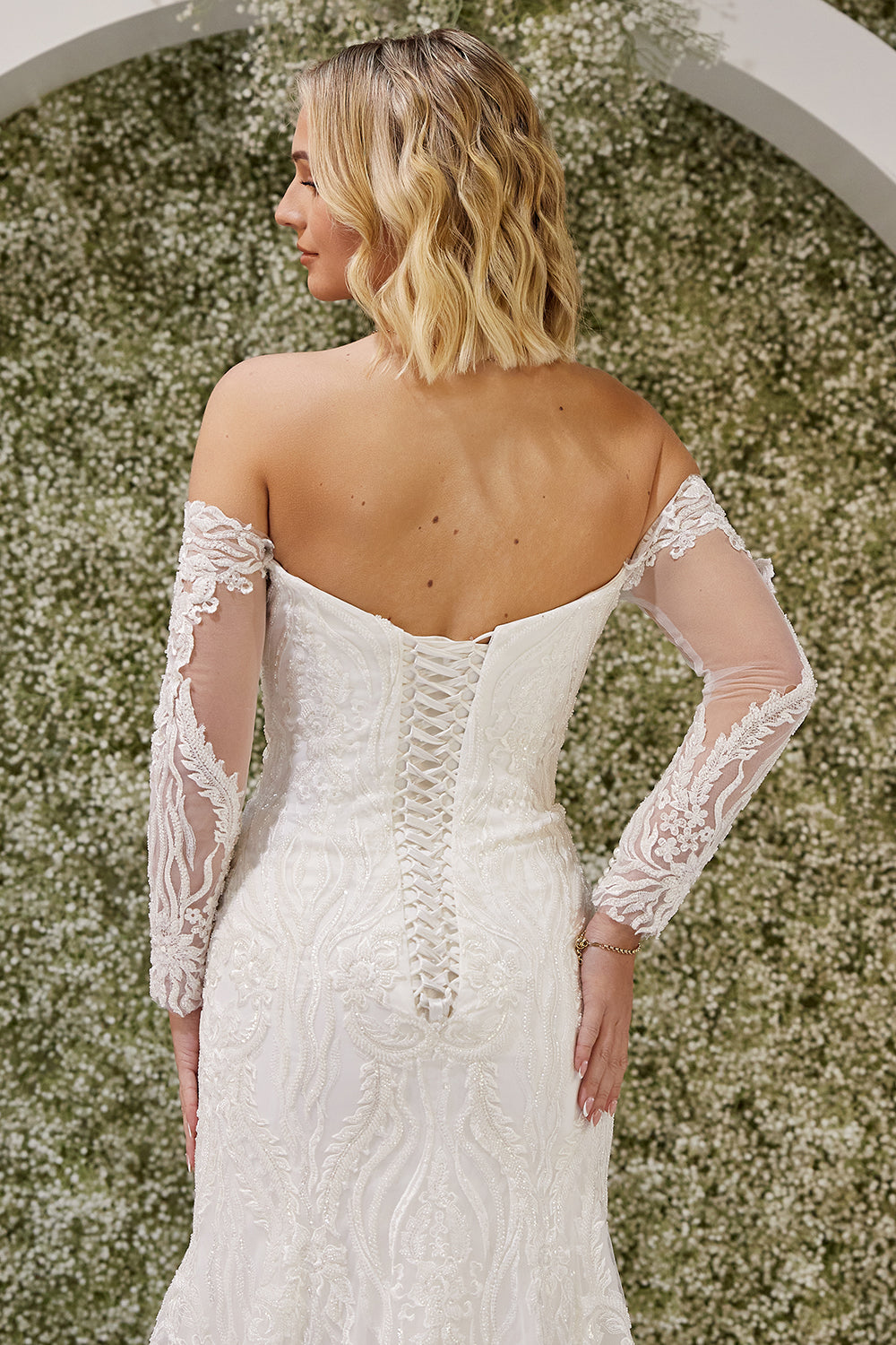 Clementine-Fit and Flare Wedding Dress half back look 
